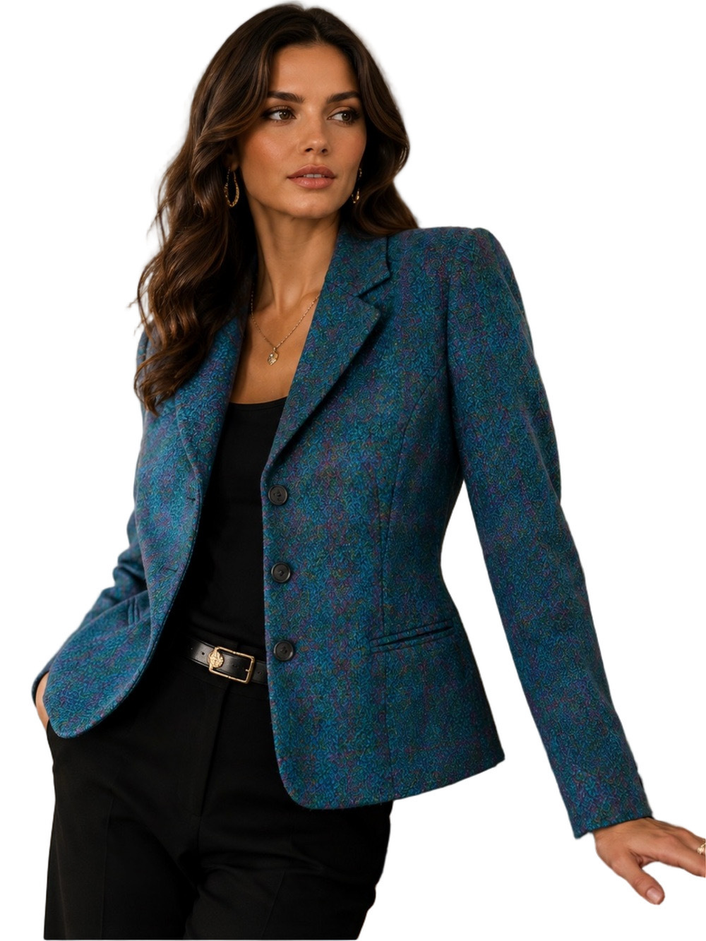Vintage Wool Blend Tweed Blazer Peacock Teal 80s Career Wear Size medium
